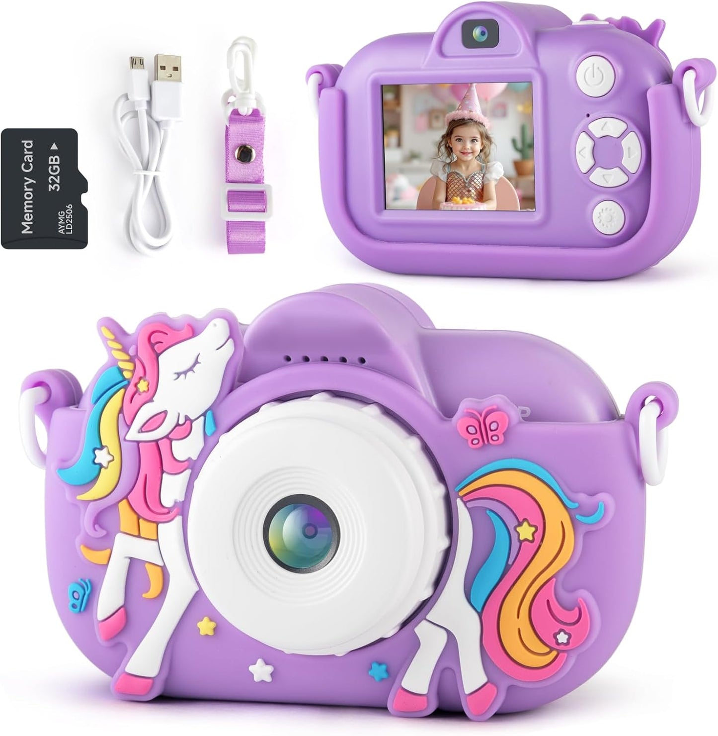 NBKLS kids digital camera front view showcasing forty eight megapixel dual lens and purple unicorn design
