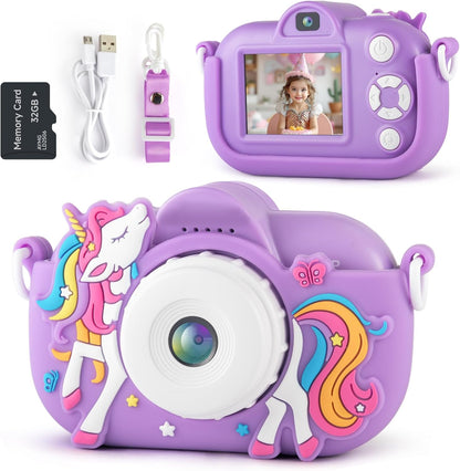 NBKLS kids digital camera front view showcasing forty eight megapixel dual lens and purple unicorn design