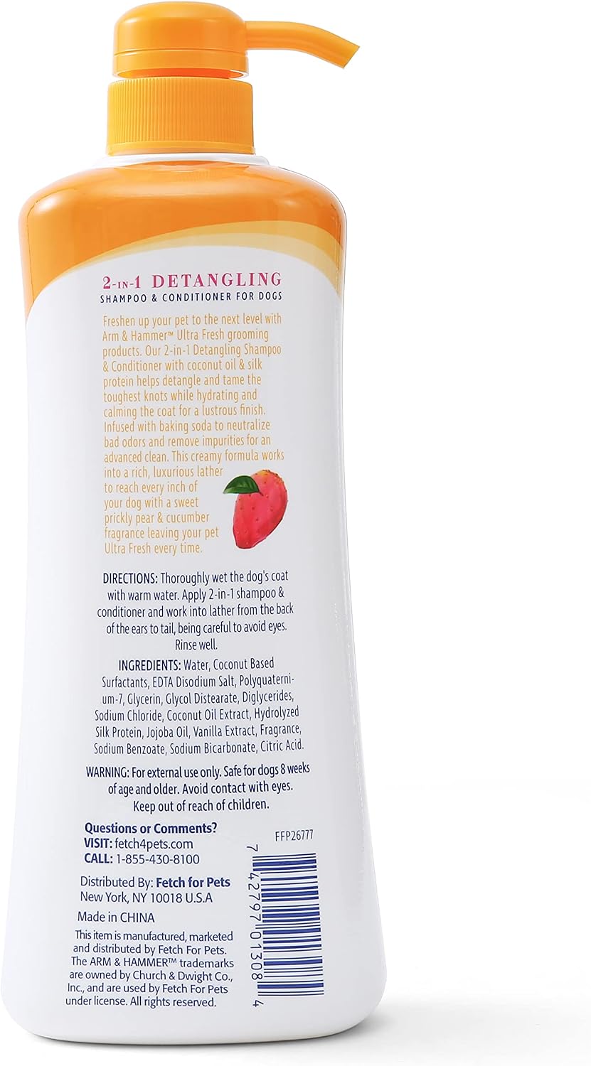 USA imported Arm And Hammer detangling dog wash for odor control with baking soda.