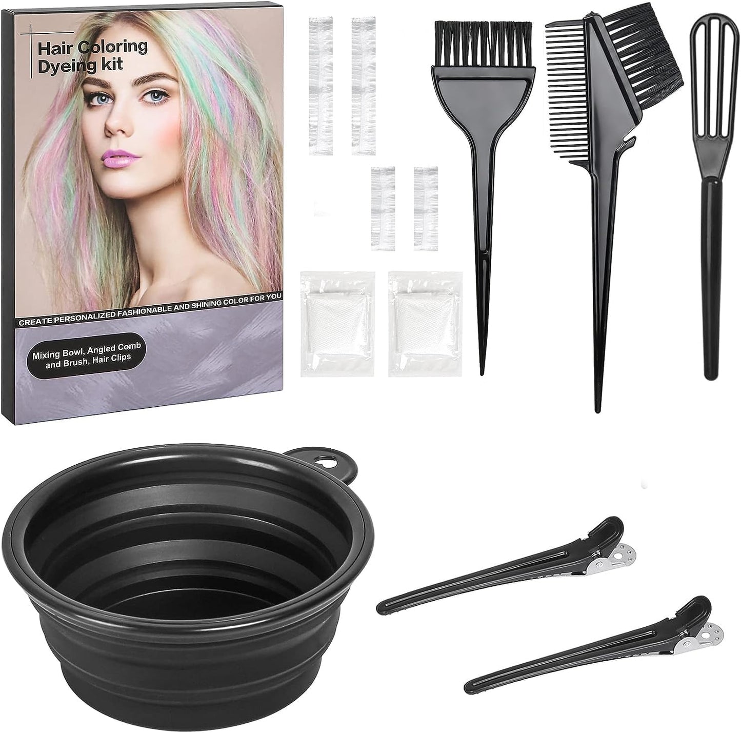 ROOHUA hair coloring kit 12 piece professional set front view highlighting the collapsible black silicone bowl