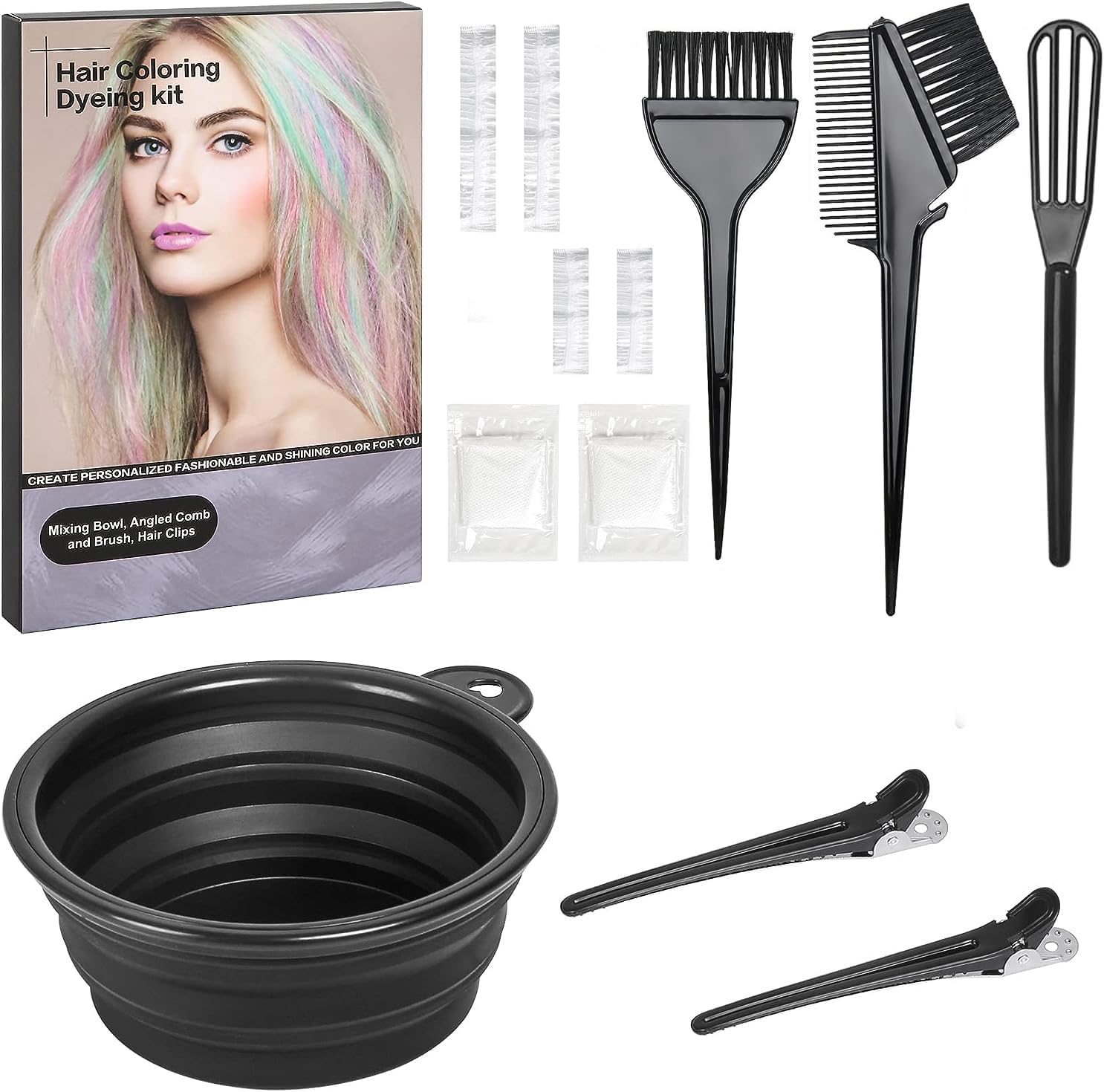 ROOHUA hair coloring kit 12 piece professional set front view highlighting the collapsible black silicone bowl