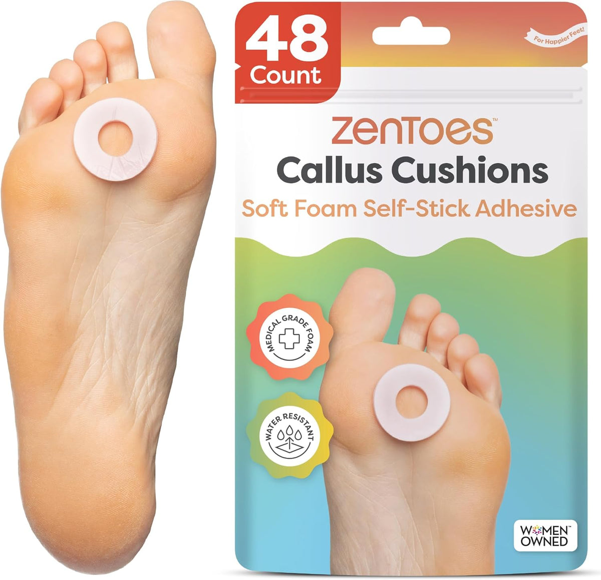 ZenToes Callus Cushions front packaging view showing 48 count pack for foot pain relief.
