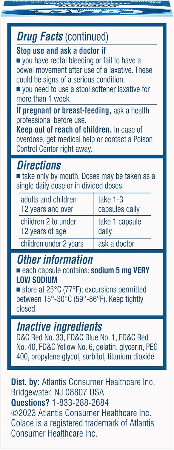 Back label displaying comprehensive dosage directions and warnings for Colace 60 capsules.