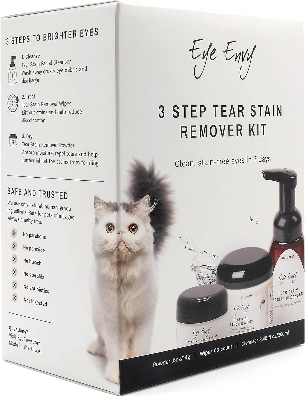 Three-step cat grooming kit highlighting the easy-to-use wipes and moisture-absorbing powder applicator system.