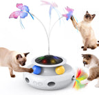 Pawtners interactive cat toy front view showing the fluttering butterfly attachment and track balls