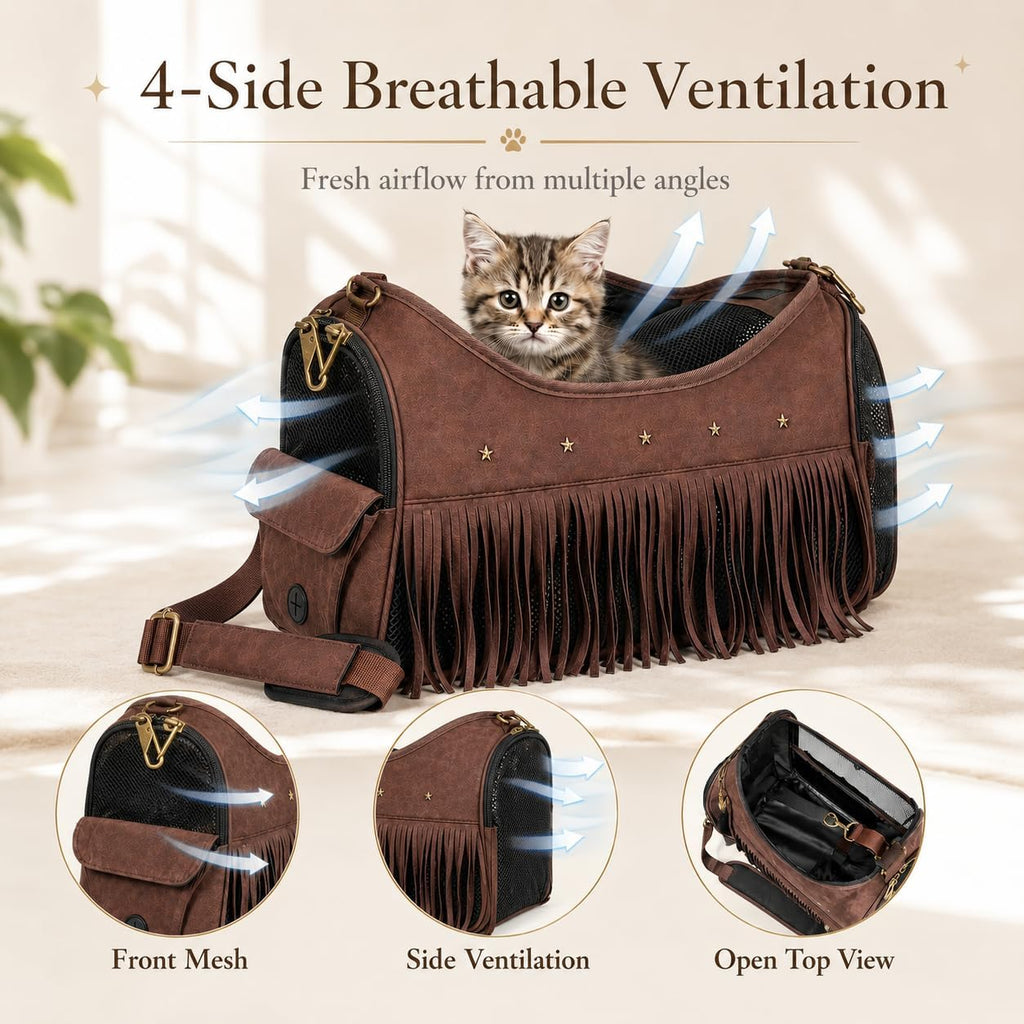Adjustable shoulder strap and secure zipper on pet carrier handbag