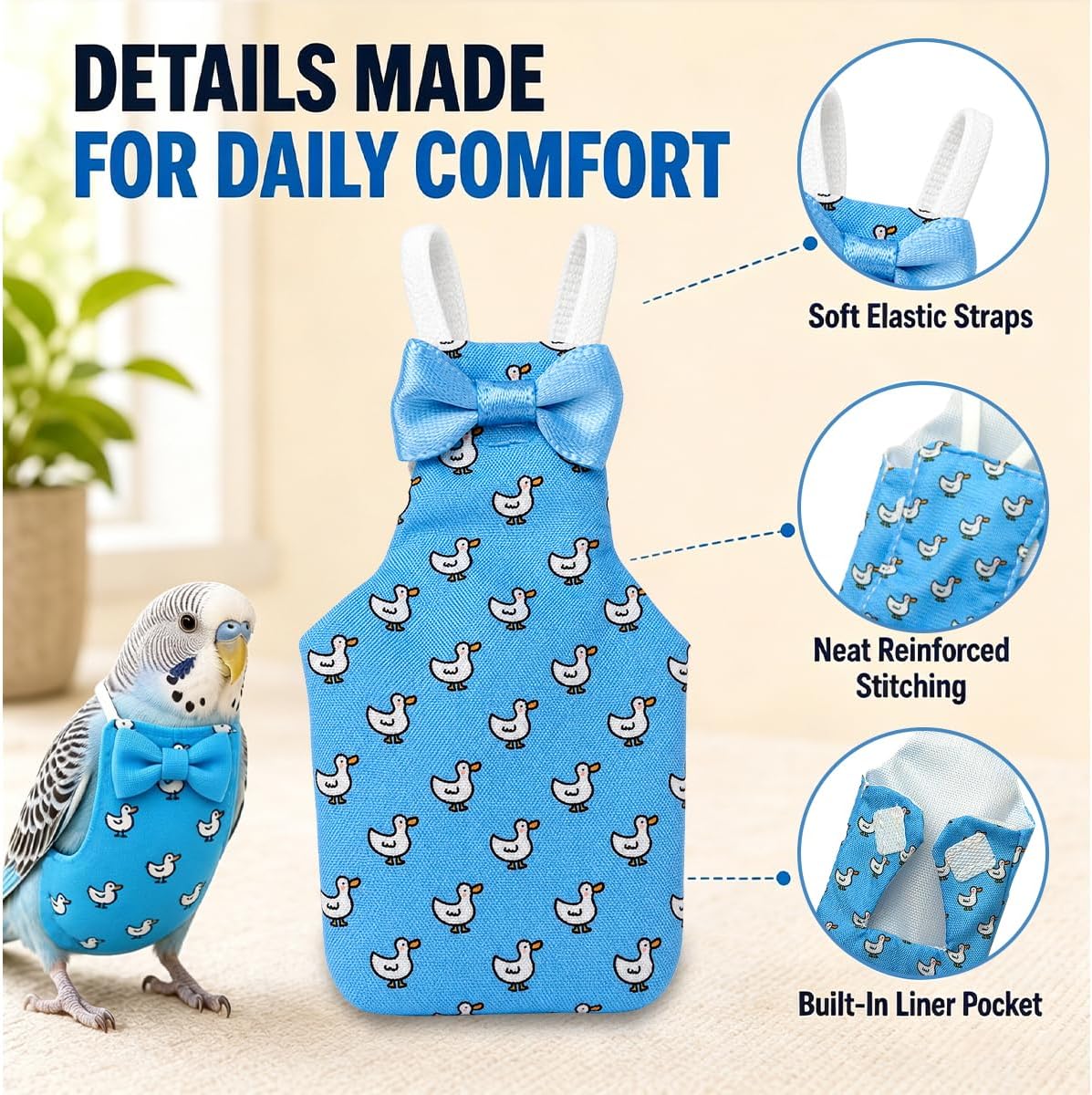3 Pcs Reusable Bird Diaper Flight Suit with Leash Diaper Pads (Mix) - Image 2