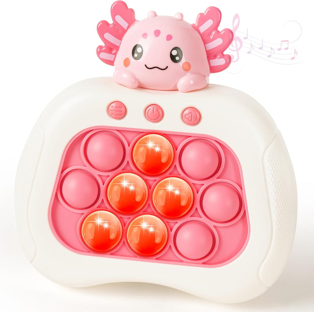 QBvuj Axolotl Quick Push Puzzle Handheld Game front view showing light up pop bubble buttons