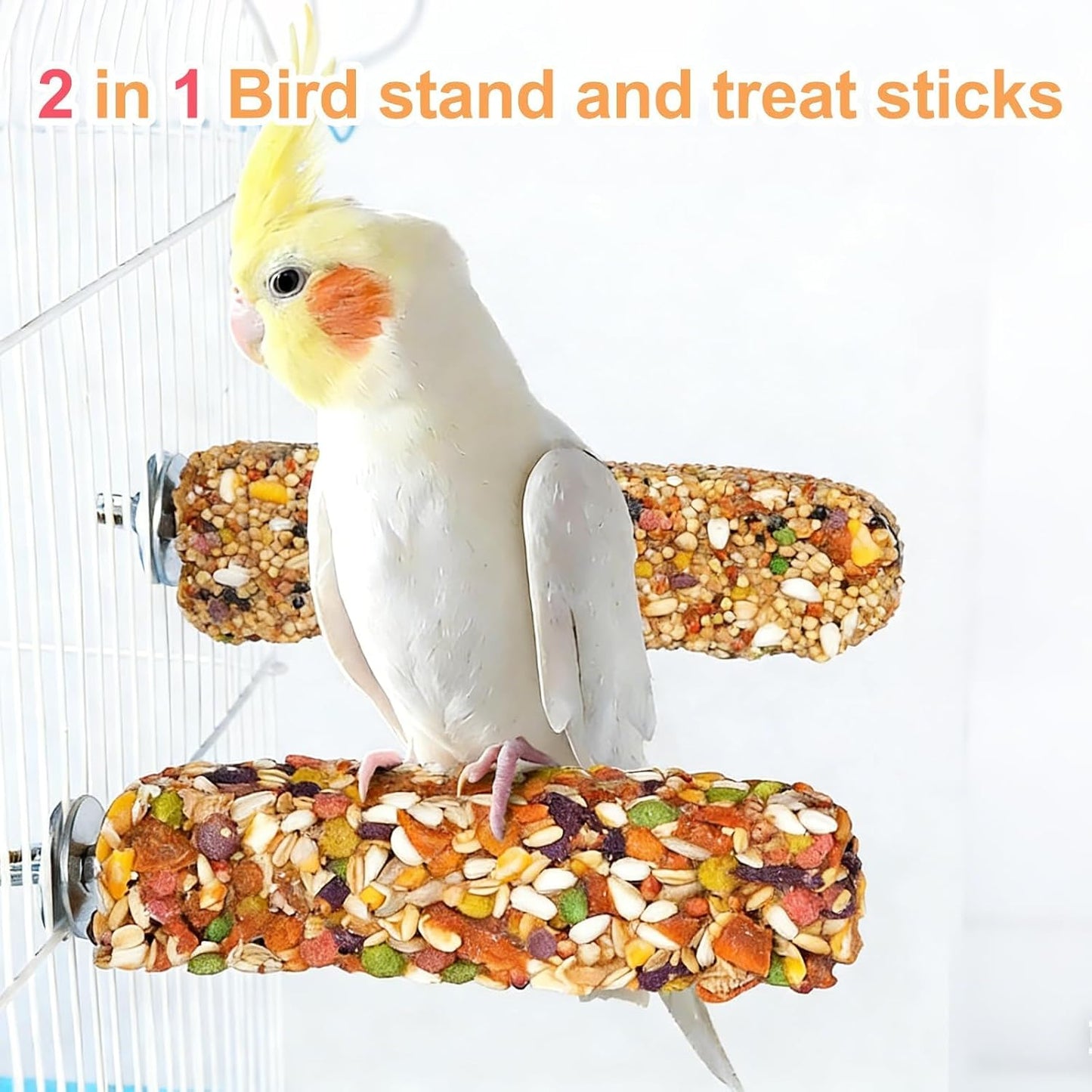 Bird treat sticks hanging in a cage for display