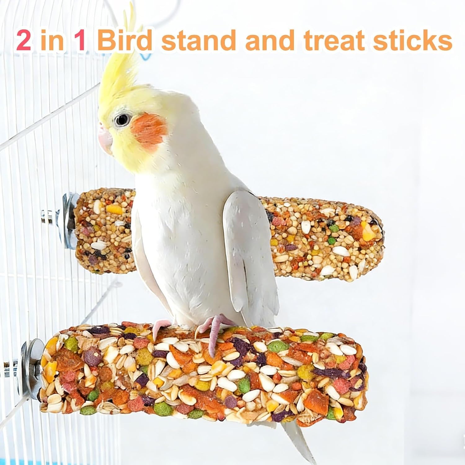 Bird treat sticks hanging in a cage for display