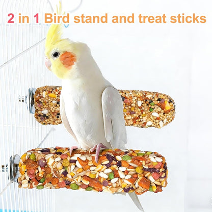 Bird treat sticks hanging in a cage for display