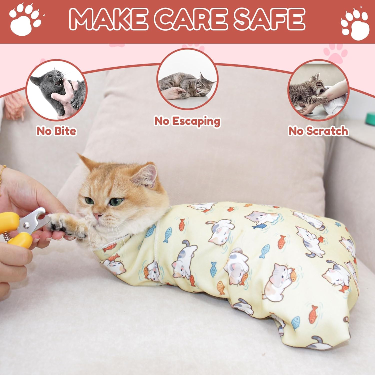 Self adhesive cat swaddle blanket used for stress free nail clipping