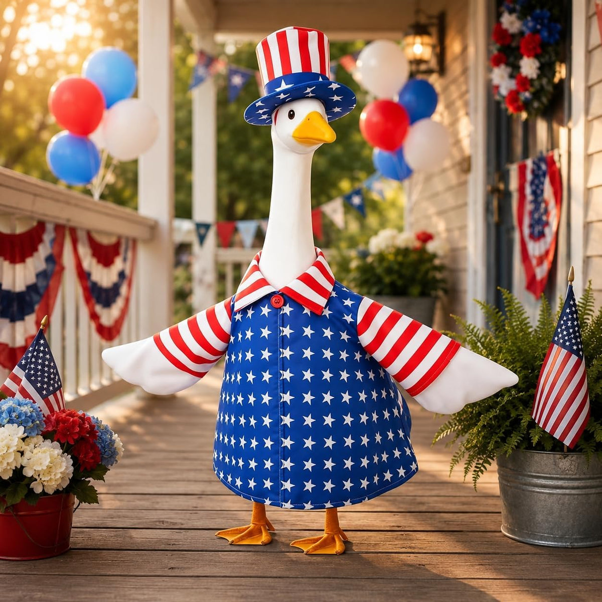 Watayo 4th of July porch goose outfit set front view on garden lawn statue