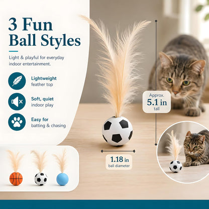 Tabby kitten leaping in the air to catch a bouncing silicone feather ball toy