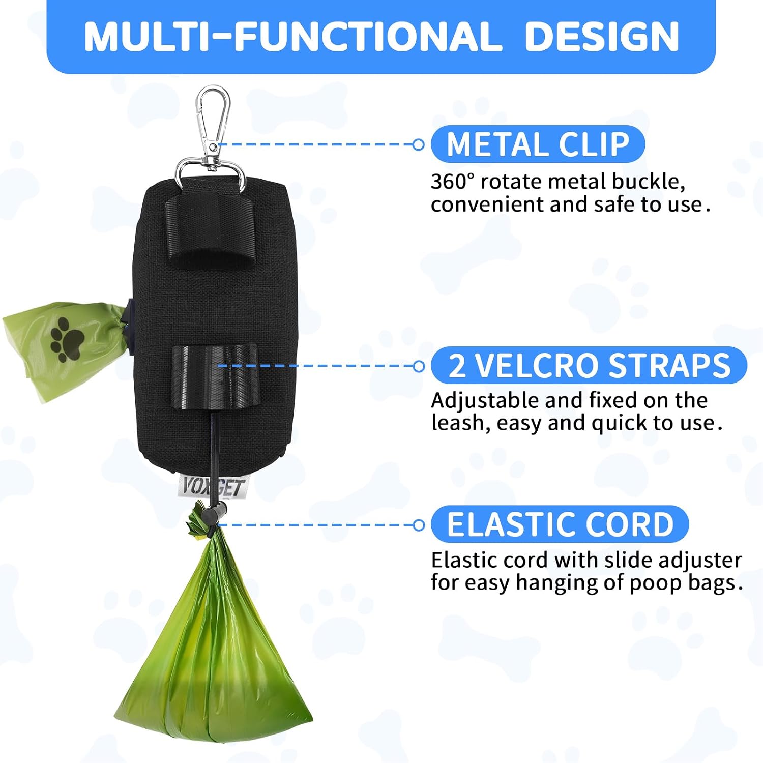 Voxget dog poop bag holder attached to a dog leash