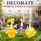 Three different seasonal bailiyake goose outfits arranged together for patio decoration.