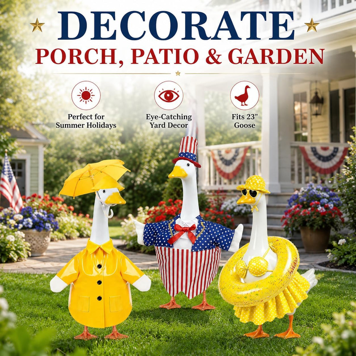 Three different seasonal bailiyake goose outfits arranged together for patio decoration.