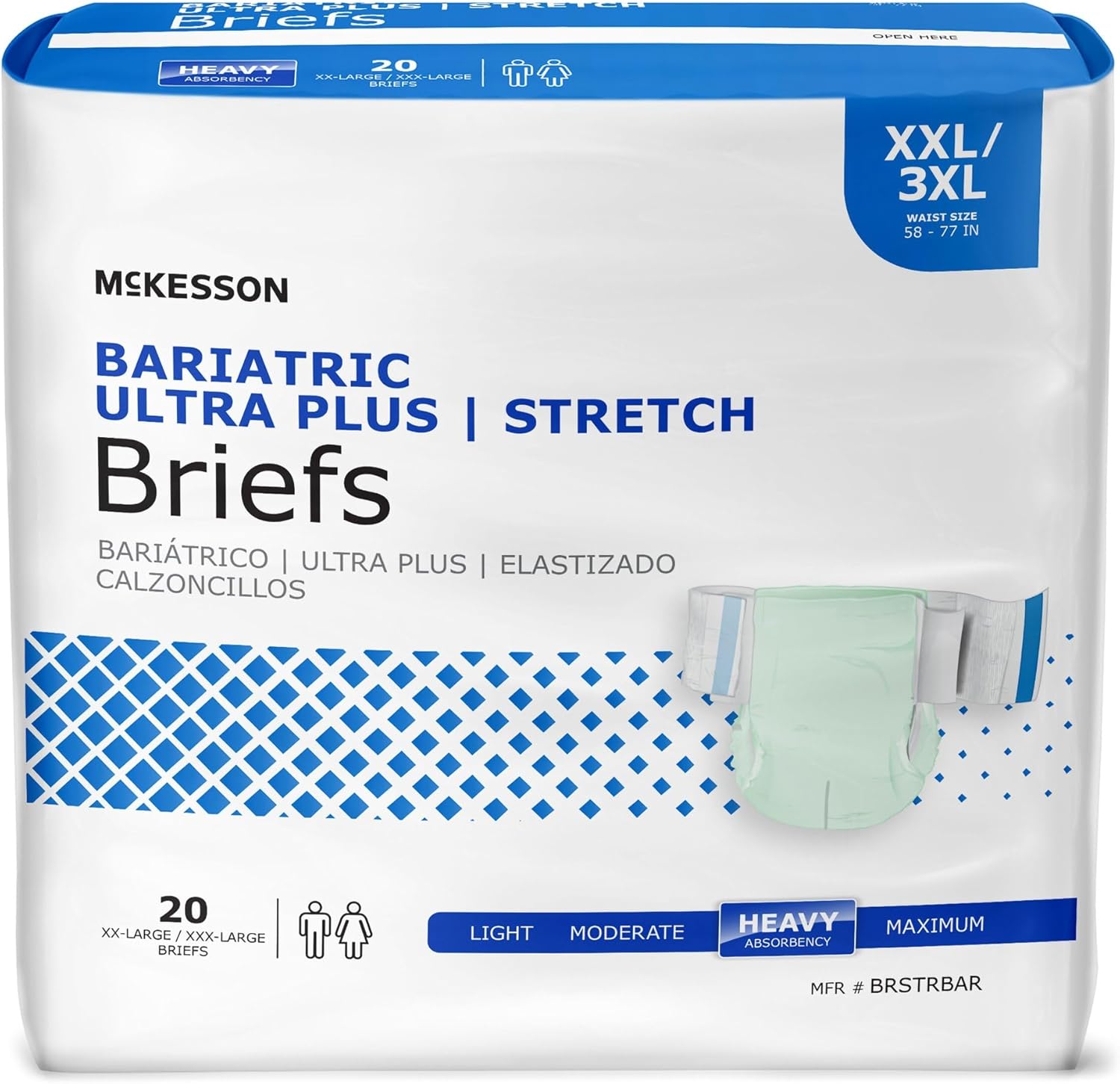 McKesson Ultra Plus Stretch Briefs front packaging view showing eighty count adult diapers.