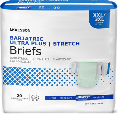 McKesson Ultra Plus Stretch Briefs front packaging view showing eighty count adult diapers.
