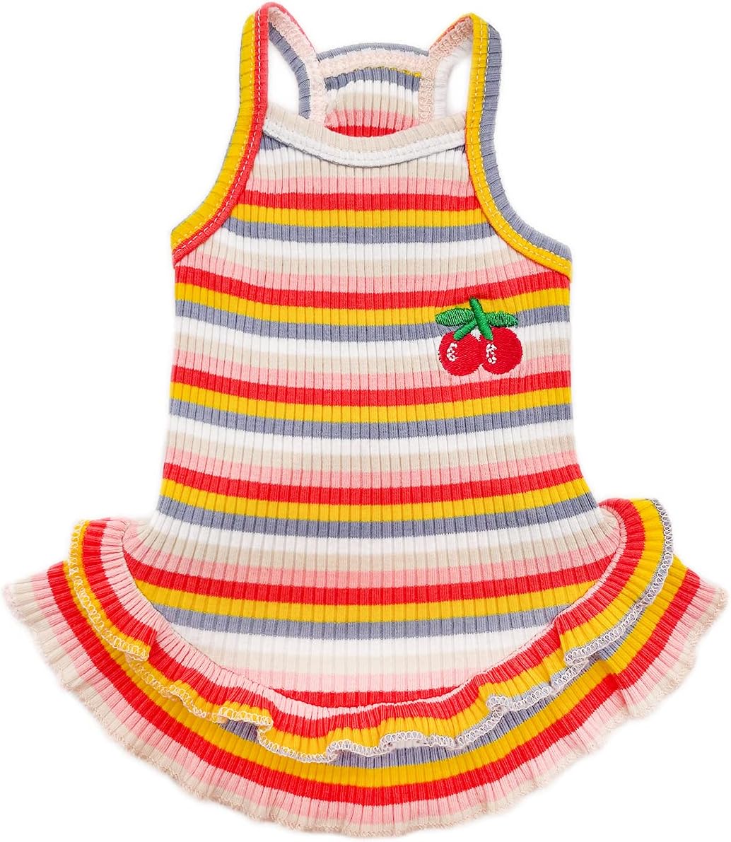 Packaging presentation of the authentic USA imported rainbow dog dress for small breeds.