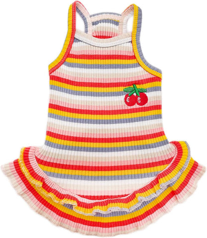 Packaging presentation of the authentic USA imported rainbow dog dress for small breeds.