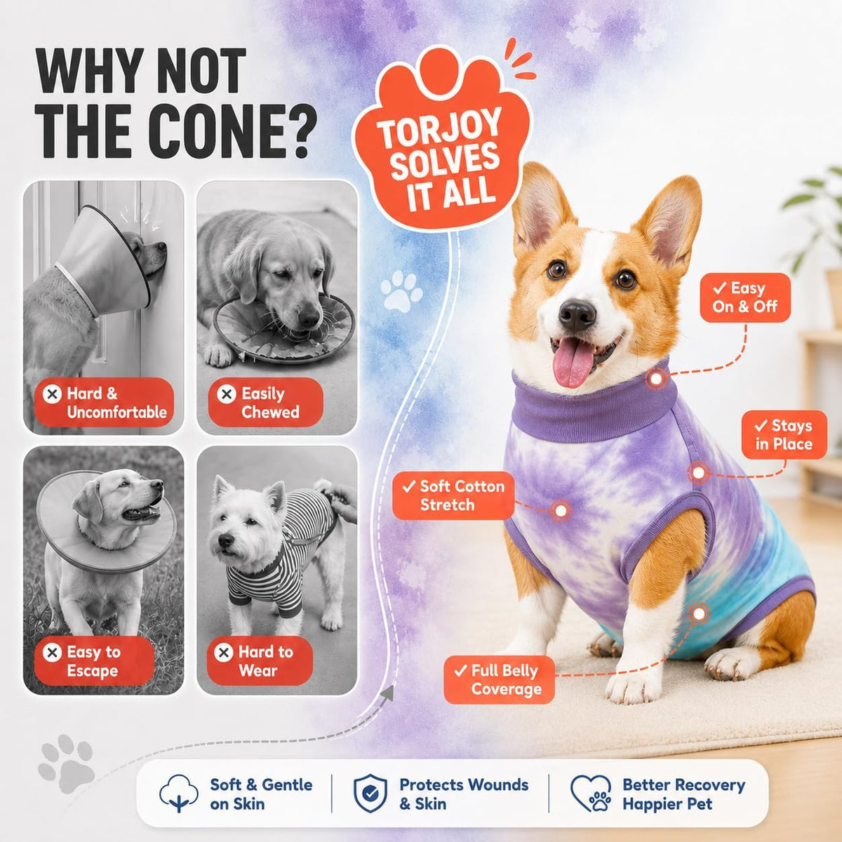 Torjoy recovery suit worn by a dog in a home setting