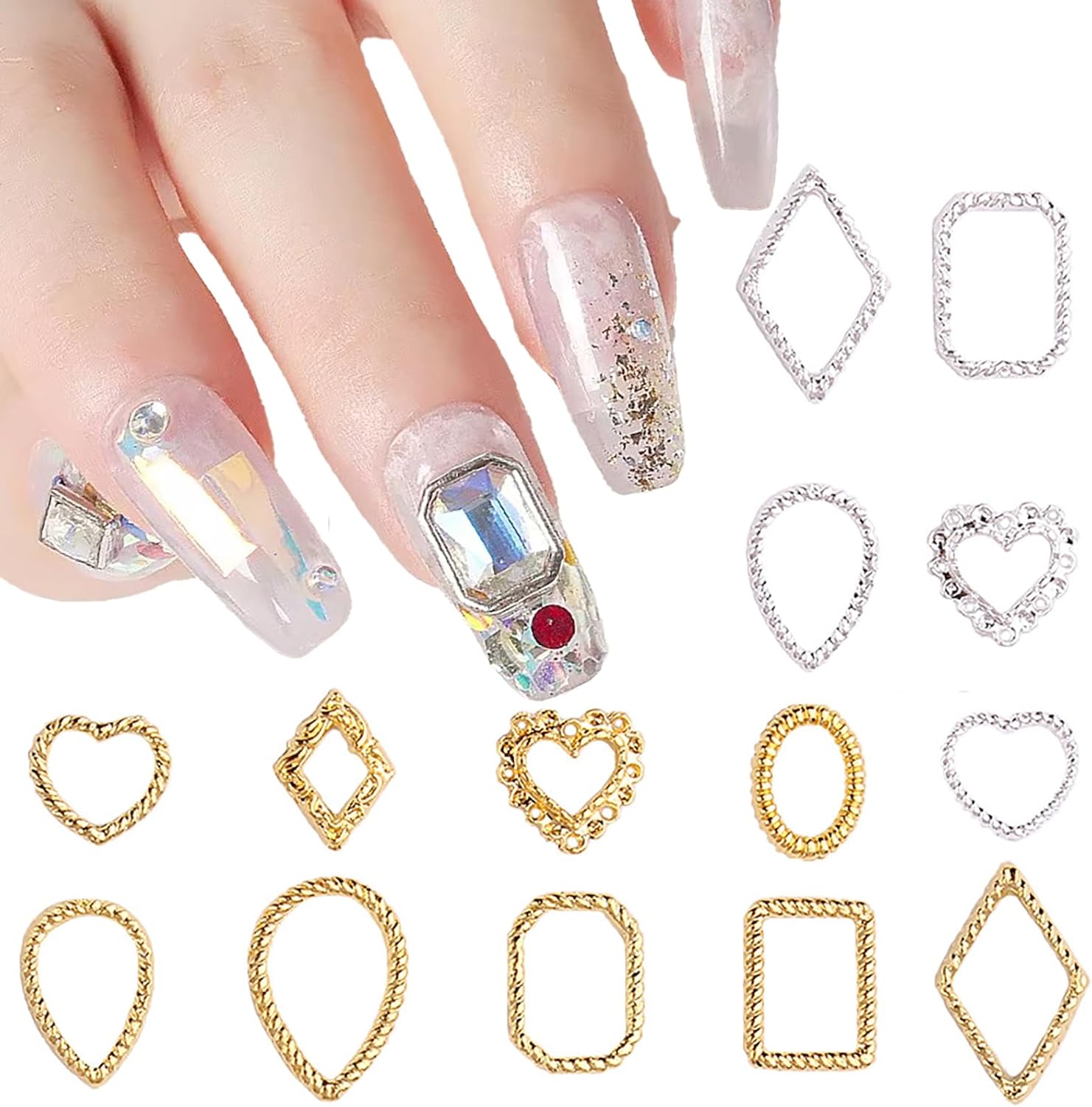 HYWWPFLAY Gothic Frame Nail Art Charms 110 pieces set front view showing assorted gold and silver metal shapes