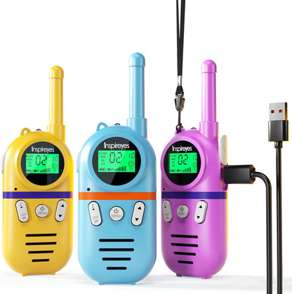 Inspireyes kids rechargeable walkie talkies front view showing the blue Dreamland Trio design and orange accent strip.