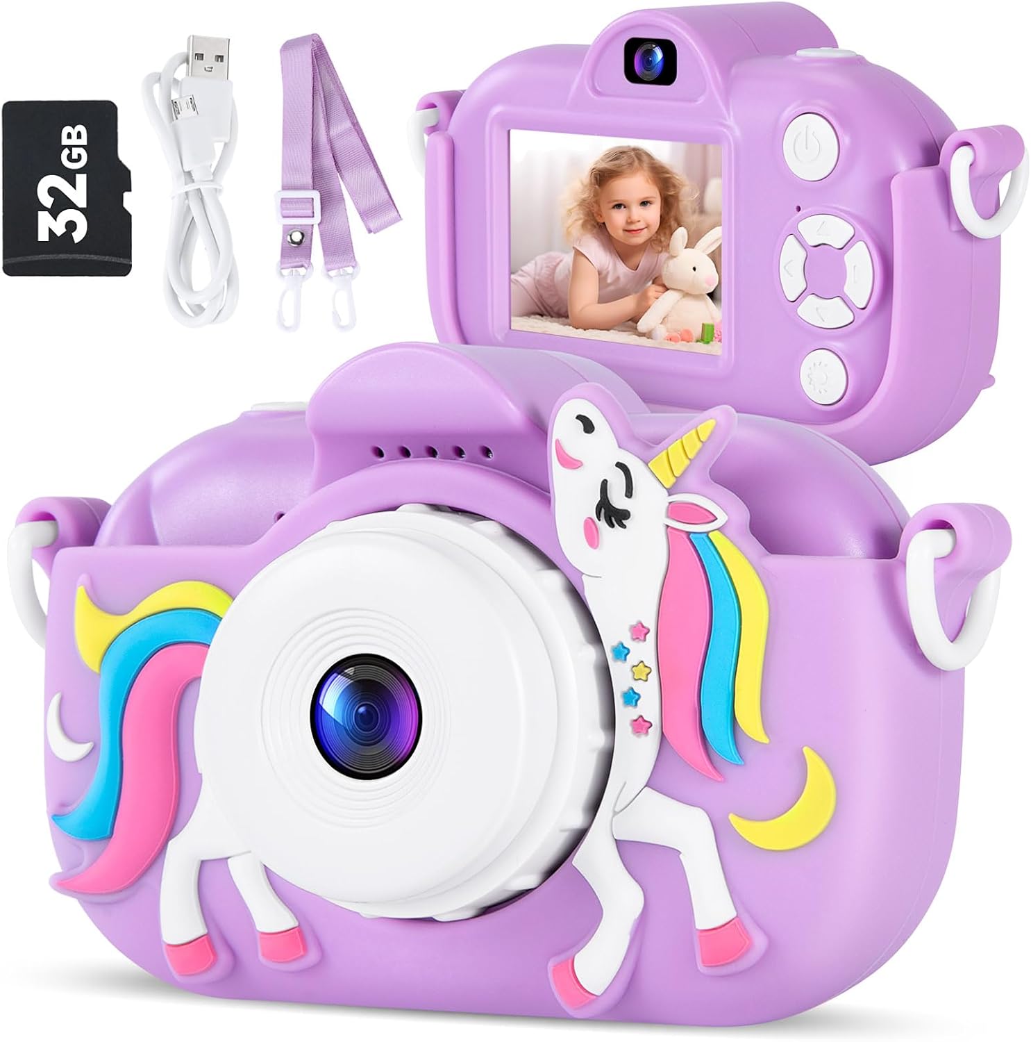 MAVOKIS kids camera purple front view showing lens and cute silicone cover detailing