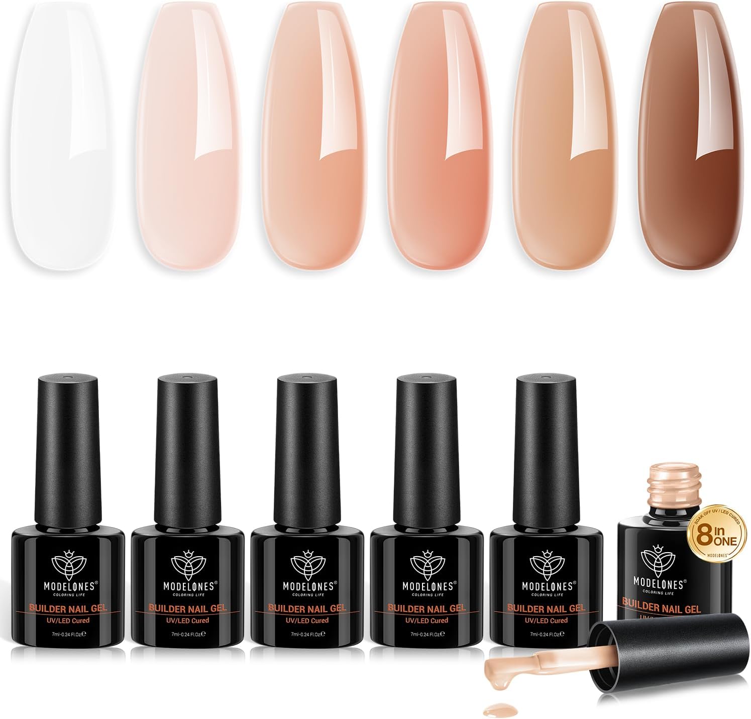 Modelones 8-in-1 builder nail gel set with six nude color bottles