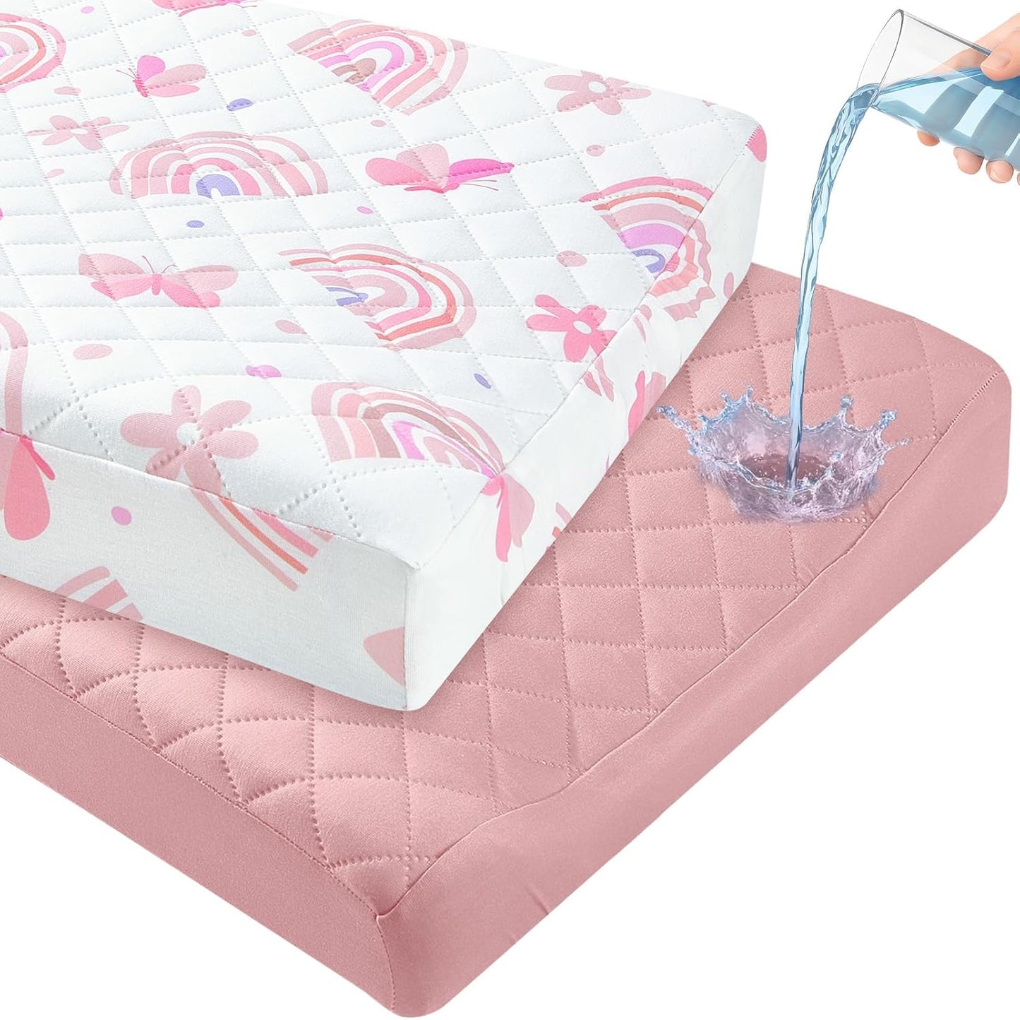FIOBEE waterproof changing pad cover 2 pack front view pink and white rainbow patterns