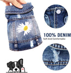 Pawstrip pet jean vest back view displaying the embroidered white daisy details and distressed ripped design