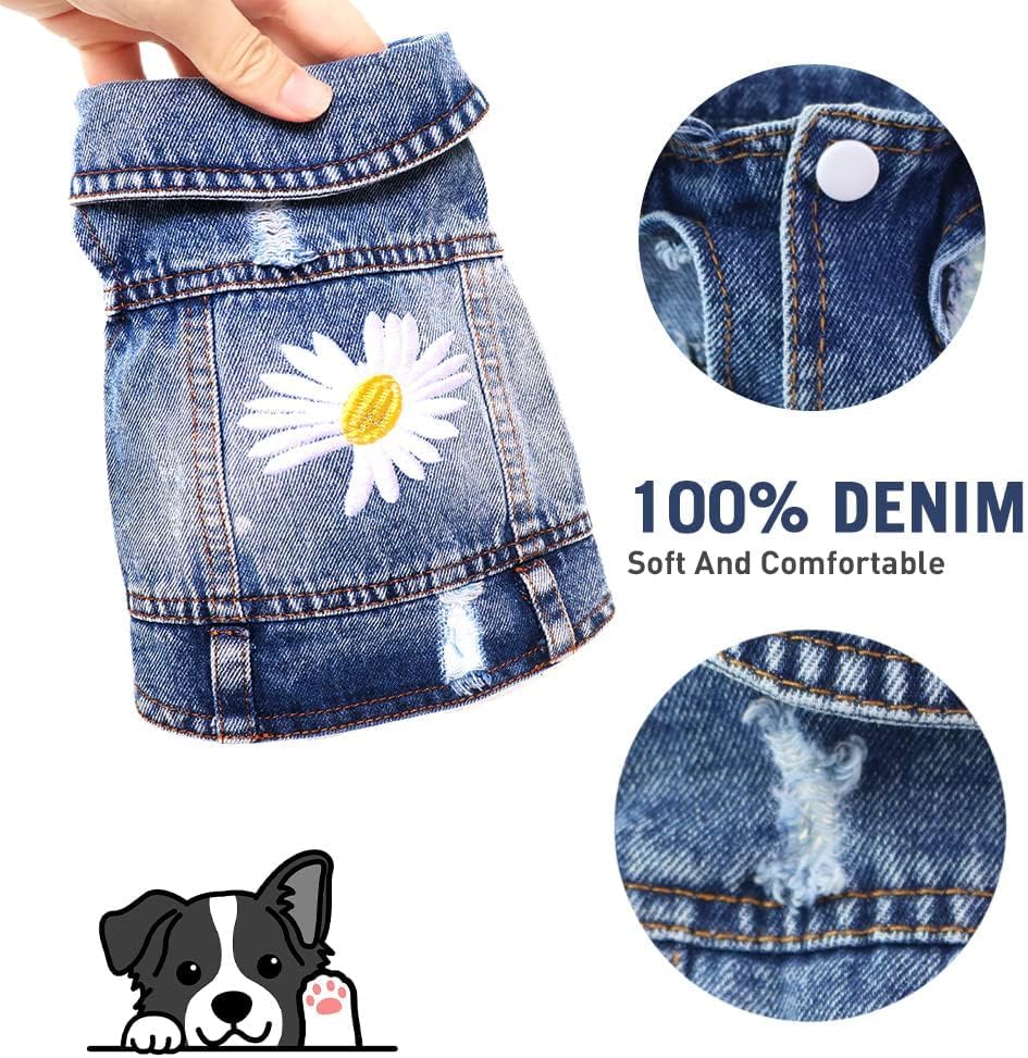 Pawstrip pet jean vest back view displaying the embroidered white daisy details and distressed ripped design