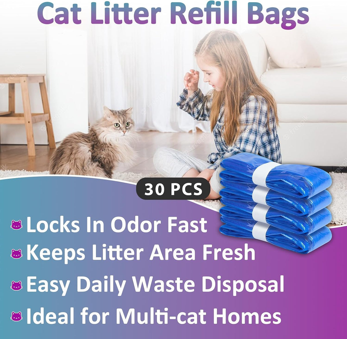 Multi layer odor lock litter refill liners showing durable blue plastic material.