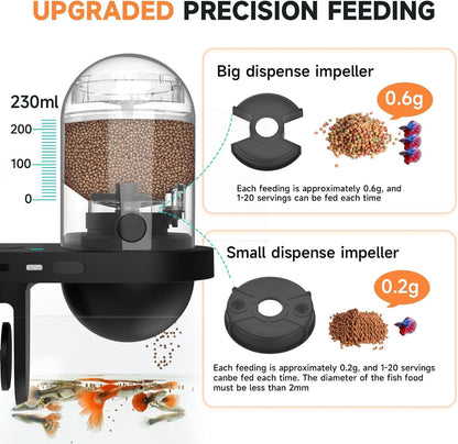 Hygger automatic feeder showcasing moisture proof closing drum mechanism for fresh pellets