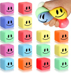 Chshhuao 16 pack mini slow rising stress cube front view featuring vibrant multi-colored square fidget toys with smiley faces.