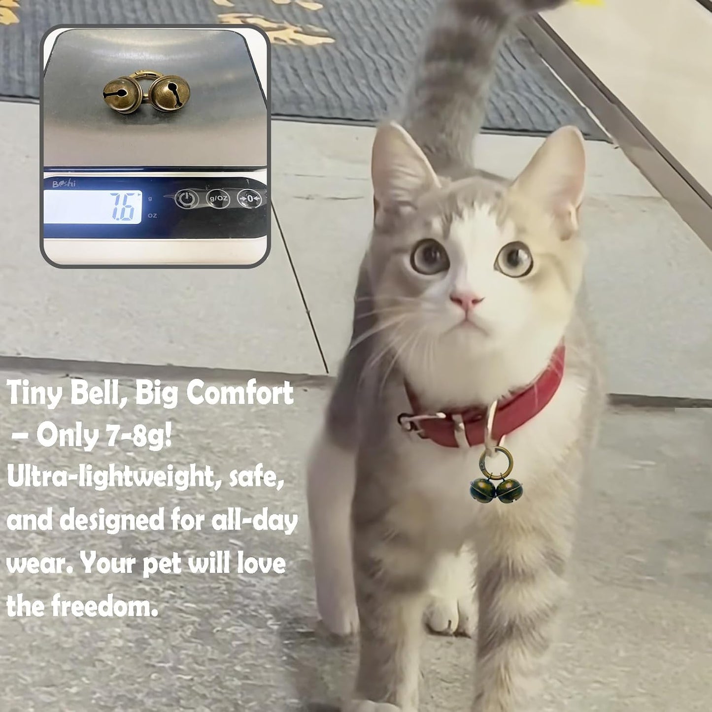 Premium brass and copper pet bells designed for tracking small to medium dogs and cats.