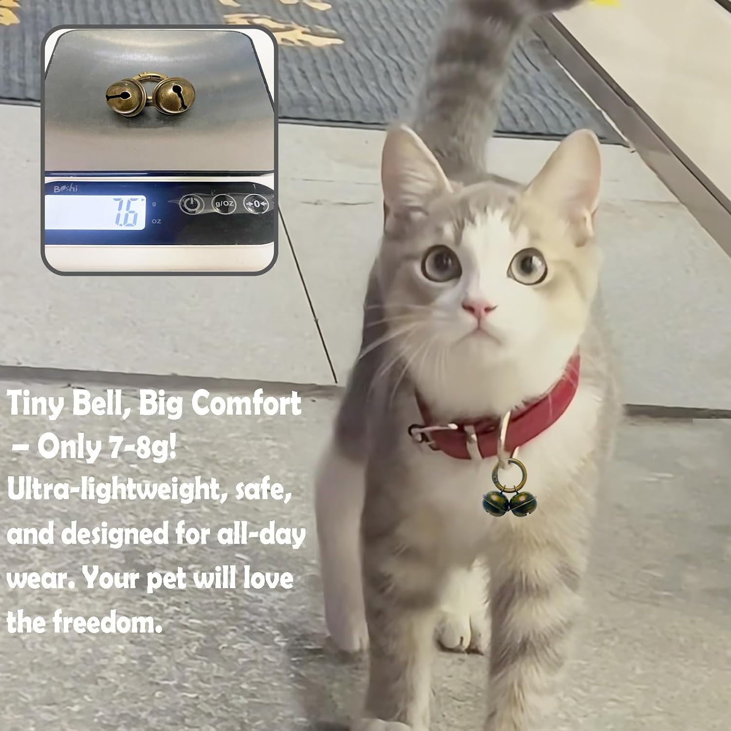 Premium brass and copper pet bells designed for tracking small to medium dogs and cats.