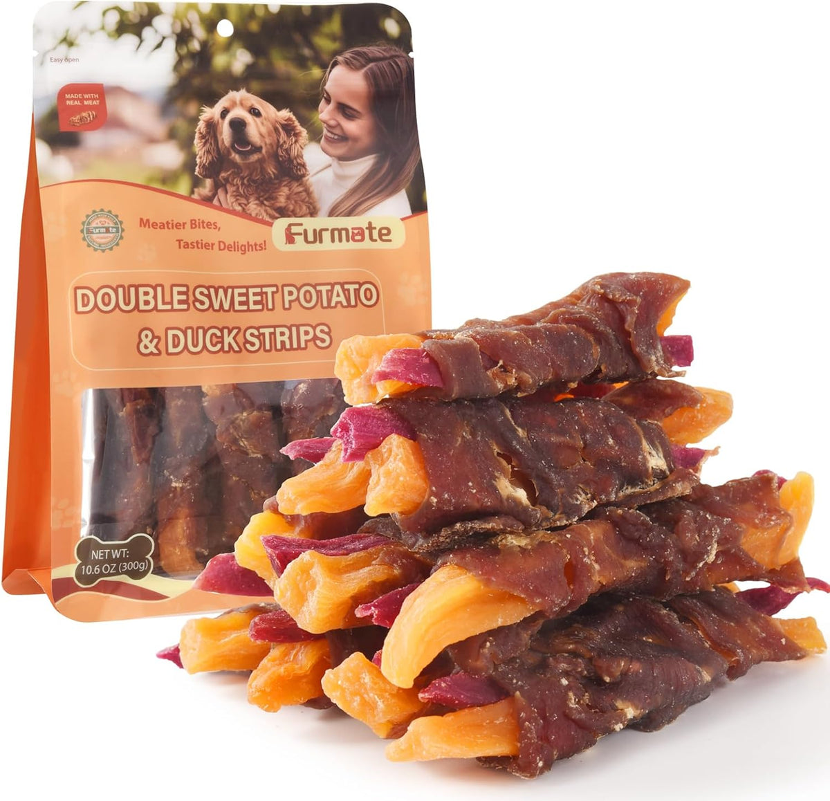 Pawmate duck wrapped orange and purple sweet potato dog jerky treats front packaging view