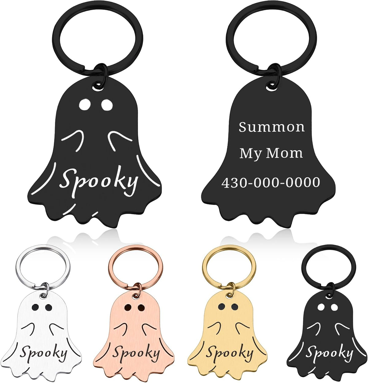 Kybkworm personalized goth ghost pet ID tag front view showing spooky engraving