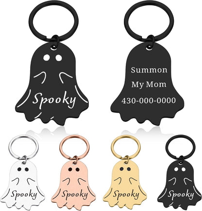 Kybkworm personalized goth ghost pet ID tag front view showing spooky engraving
