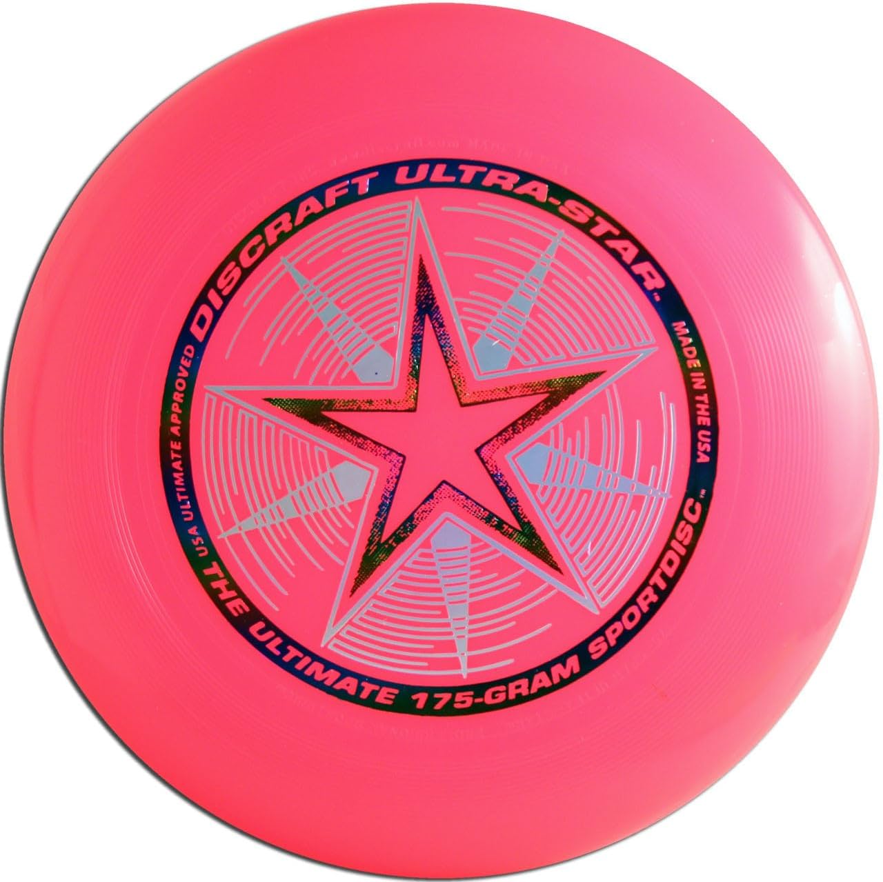 Discraft Ultrastar purple pearl variant showcasing the metallic foil center stamp.