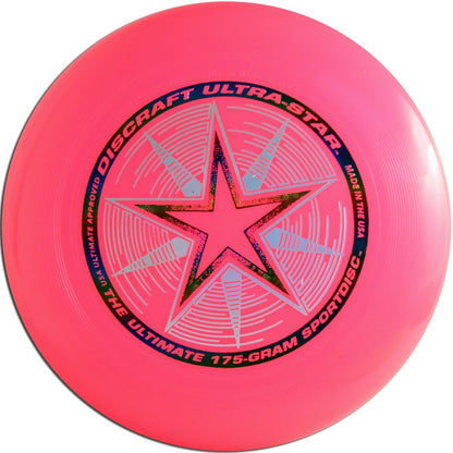 Discraft Ultrastar purple pearl variant showcasing the metallic foil center stamp.
