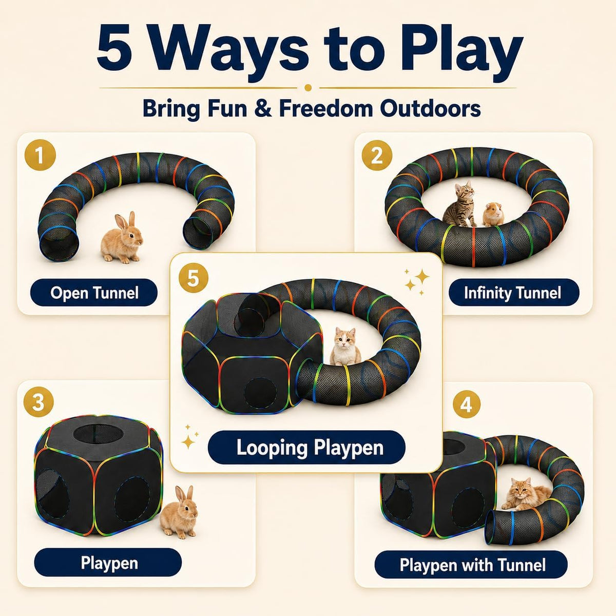 LUCKITTY foldable pet playpen showing the circular rainbow colored mesh tunnel extension detached.