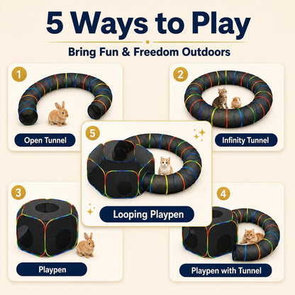 LUCKITTY foldable pet playpen showing the circular rainbow colored mesh tunnel extension detached.