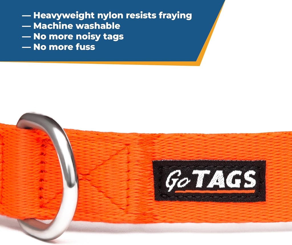 GoTags personalized nylon collar displayed for small and large breeds