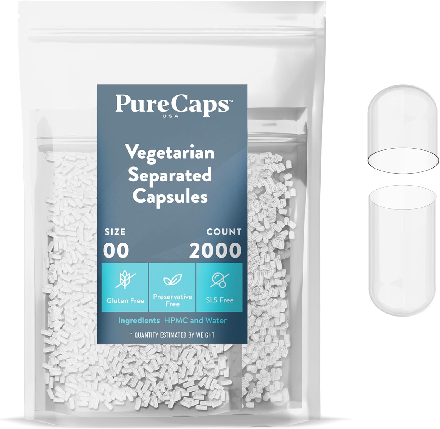 PureCaps USA empty size 00 vegetarian capsules front packaging view