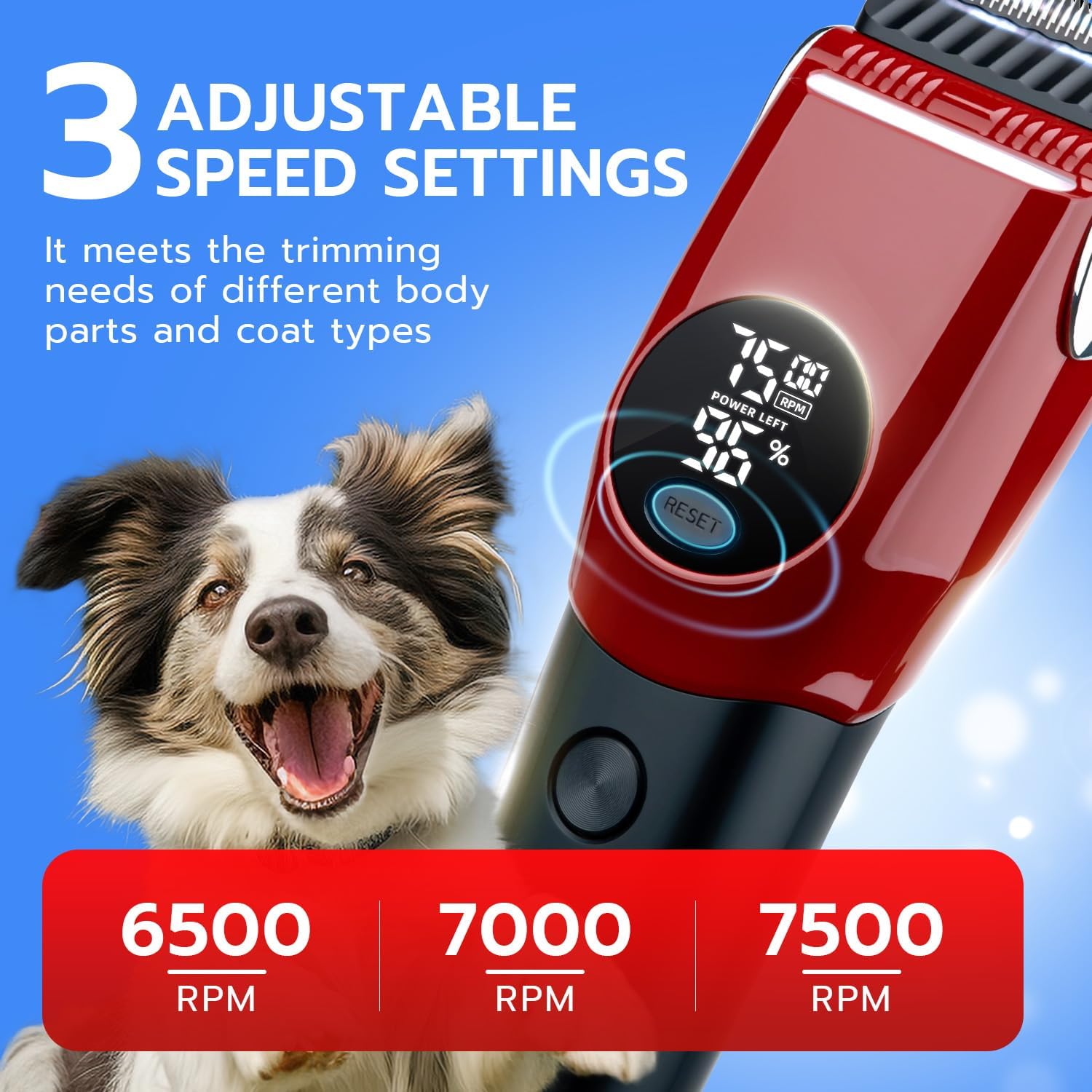 Mcbazel cordless pet shaver showing the red ergonomic handle and digital LED screen