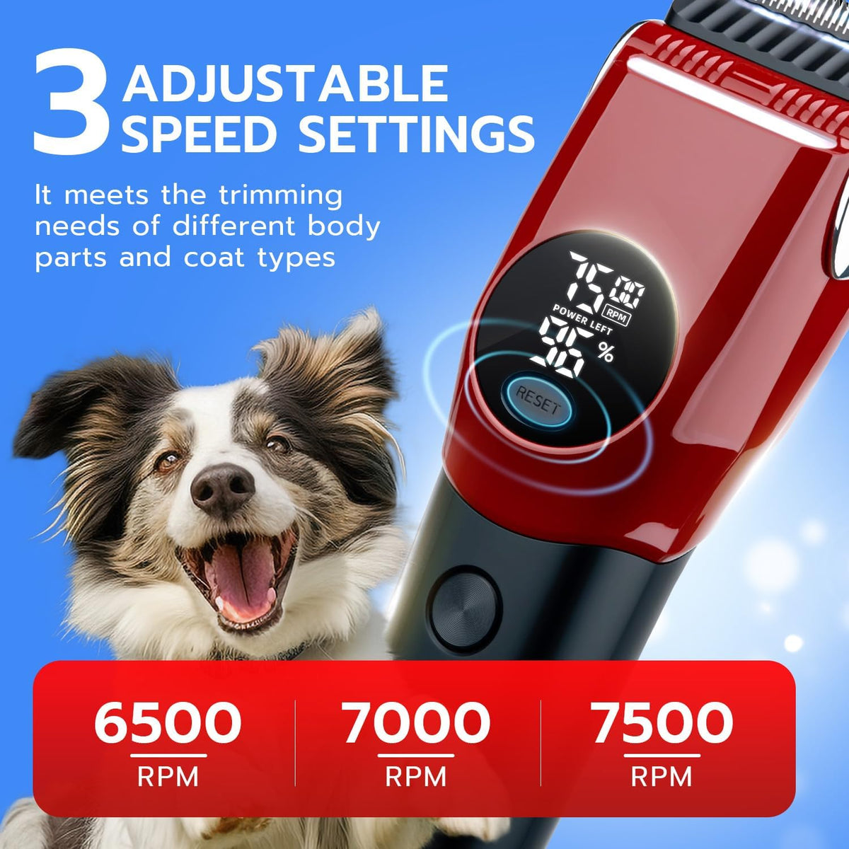 Mcbazel cordless pet shaver showing the red ergonomic handle and digital LED screen