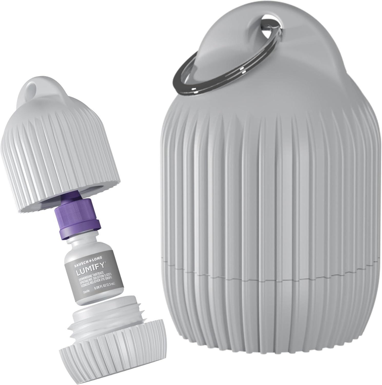Generic travel case for Lumify eye drops front view showing the white round container with modern line pattern